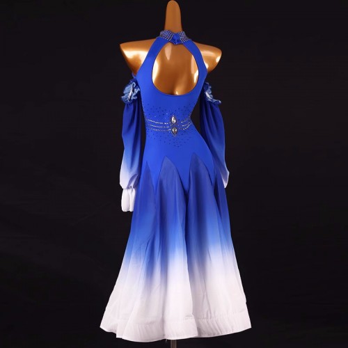 Royal blue gradient halter neck competition ballroom dance dresses for women girls with gemstones waltz tango backless flamenco foxtrot smooth dance long gown for female